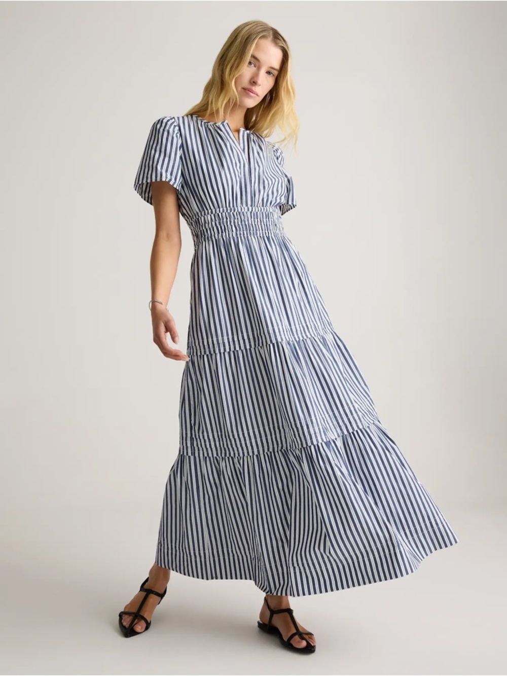 Quince Navy and White Vertical Stripe Maxi Dress